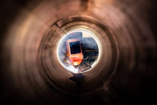 Inside a pipe, a worker wears an orange welding helmet while arc welding.