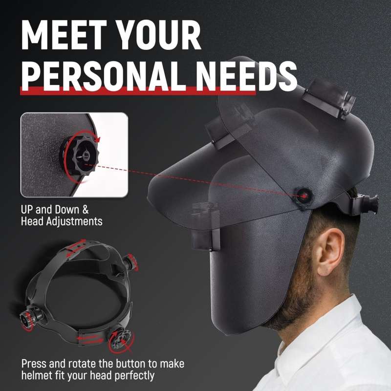Adjustable welding helmet with head strap and adjustment details.