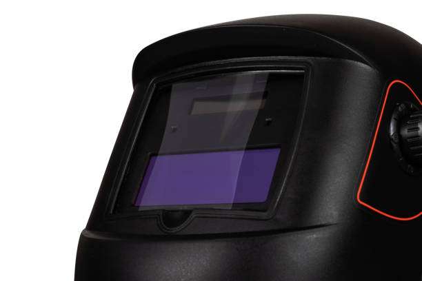 Close-up of a welding helmet on a white background.