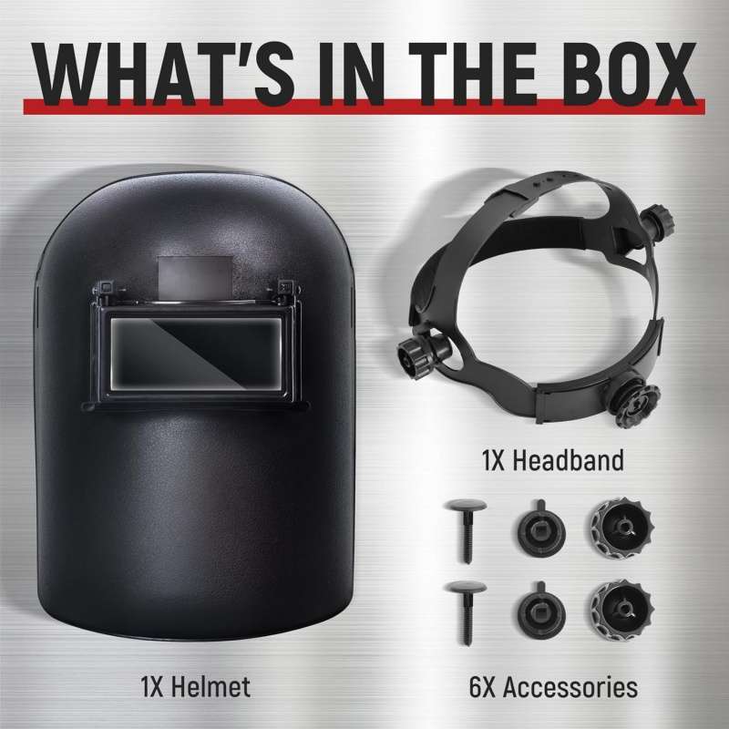 Welding helmet and head strap with accessories shown.