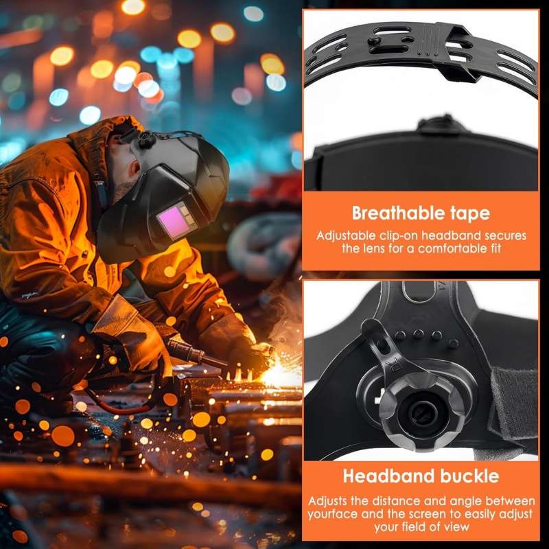 Welding helmet in use and adjustable features shown.